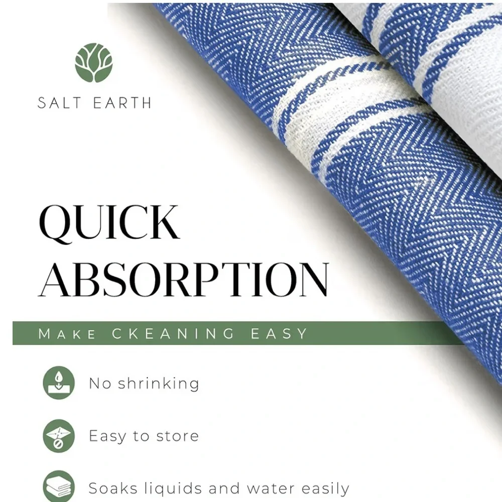 NEW Set 4 Kitchen Towels Salt Earth Cotton Blue White Herringbone